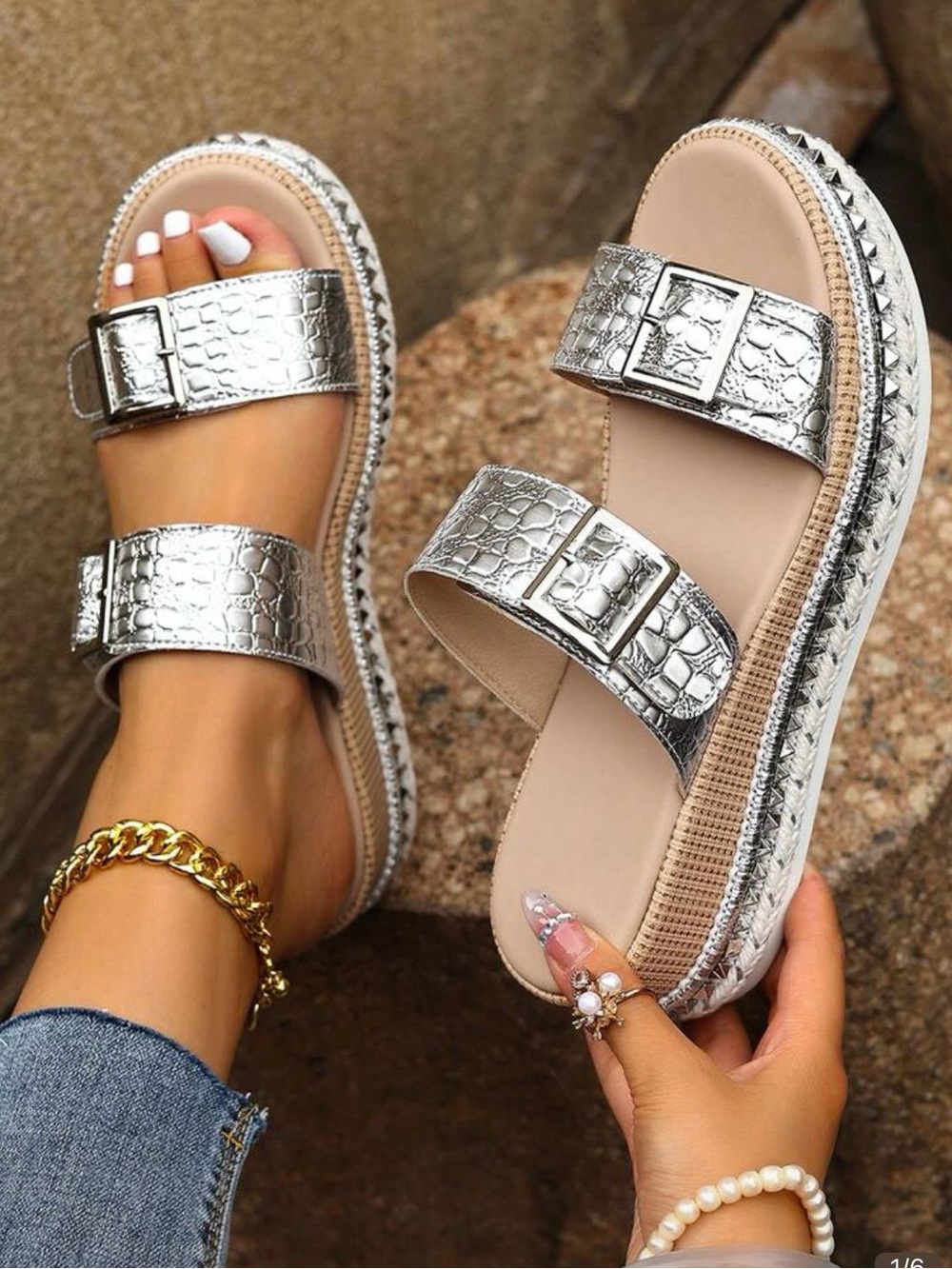 AKIRA Silver Croc-Embossed Double Buckle Platform Sandals 1 TIME WEAR!